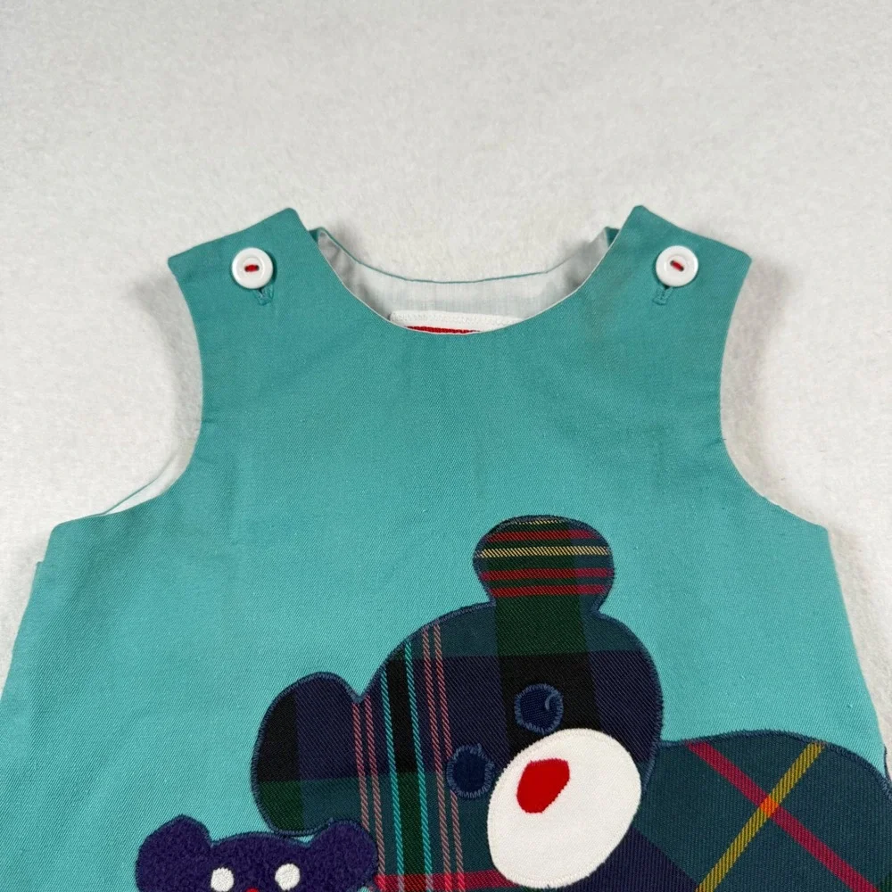 Vintage Chocolate Soup Teal Plaid Teddy Bear Bubble Romper Baby 9-12 months